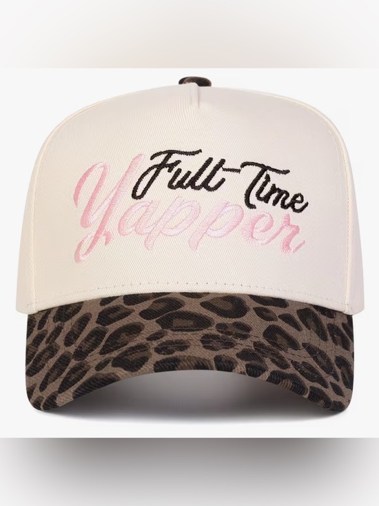 Accessories - Full-Time Yapper Script Logo Trucker Hat in Cream & Leopard
